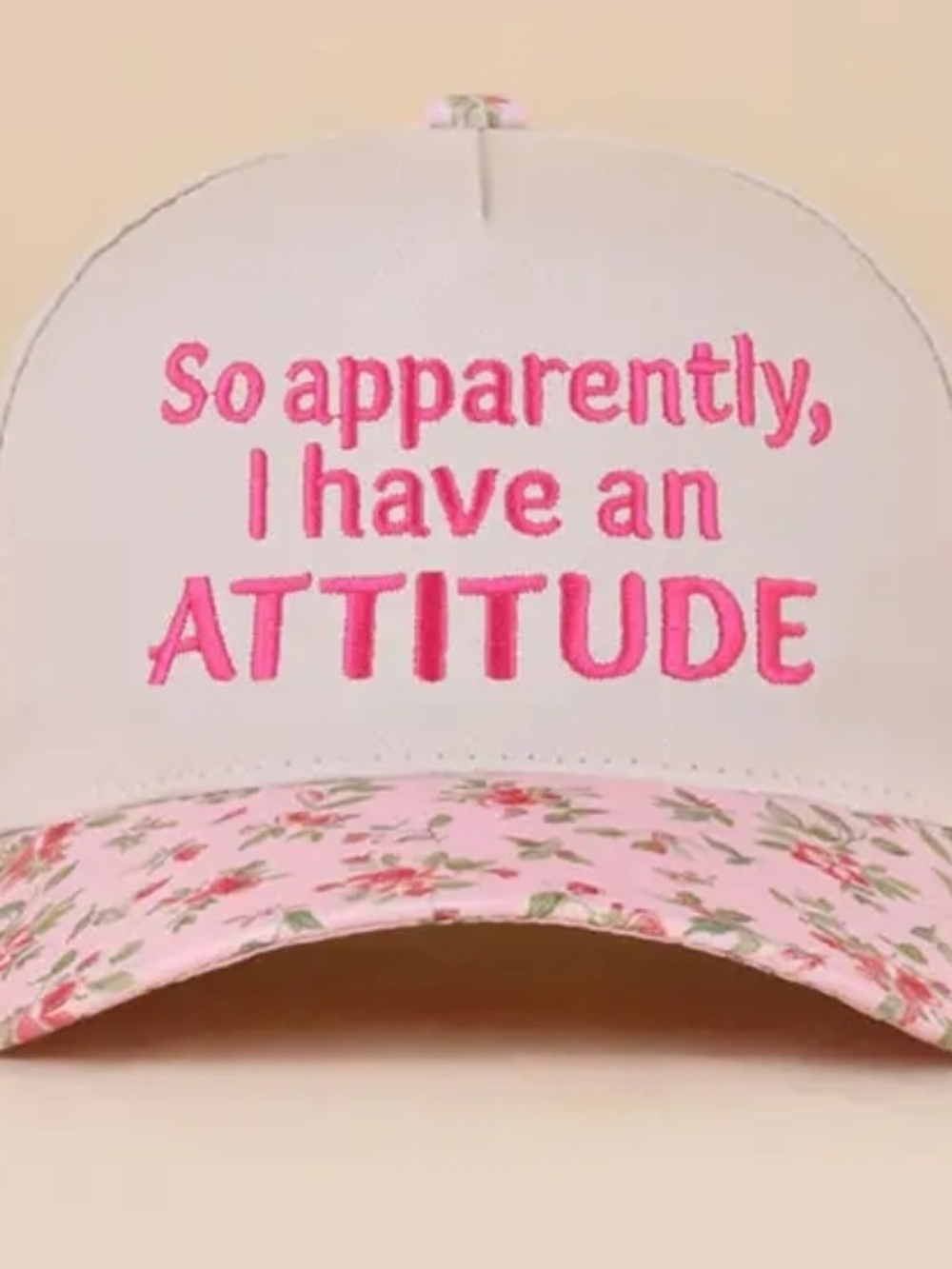 Pink Floral 'ATTITUDE' Embroidered Baseball Cap
